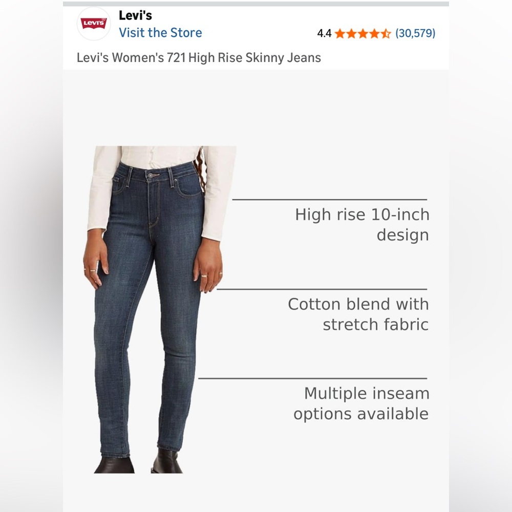 Levi's 721 High Rise Skinny- “Blue Story” Women’s Jeans -size 8 long/ W29 x L32